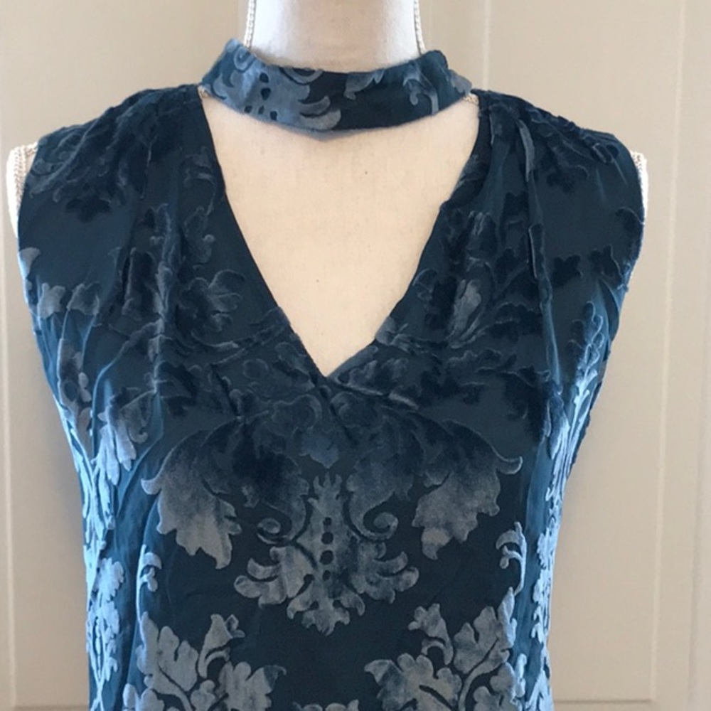 WHBM Blue velvet V neck top with neck detail